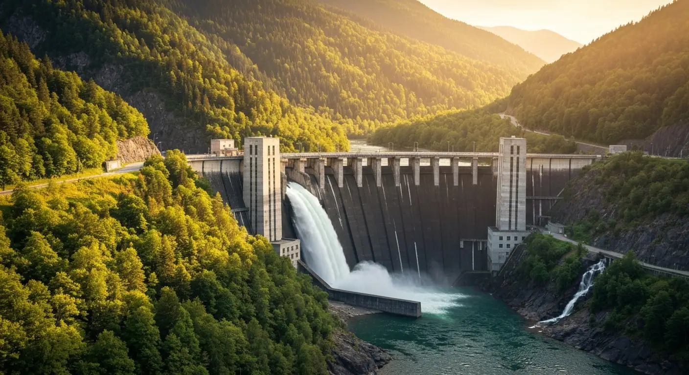 Hydroelectric dam releasing water into a forested mountain valley